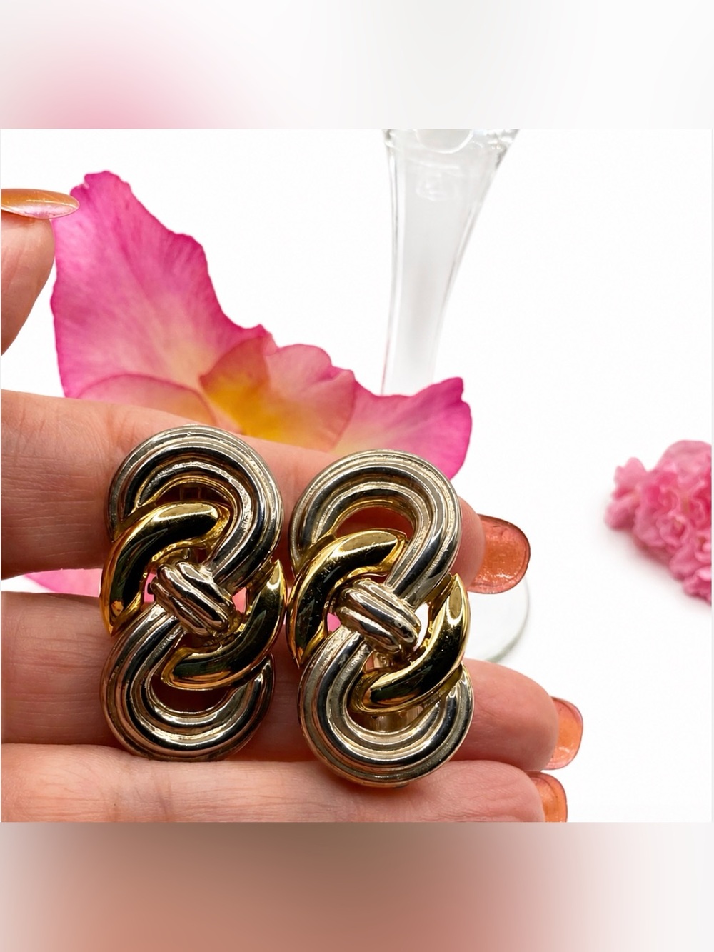 Givenchy Modernist Gold and Silver Plated Love Knot Clip Earrings Vintage